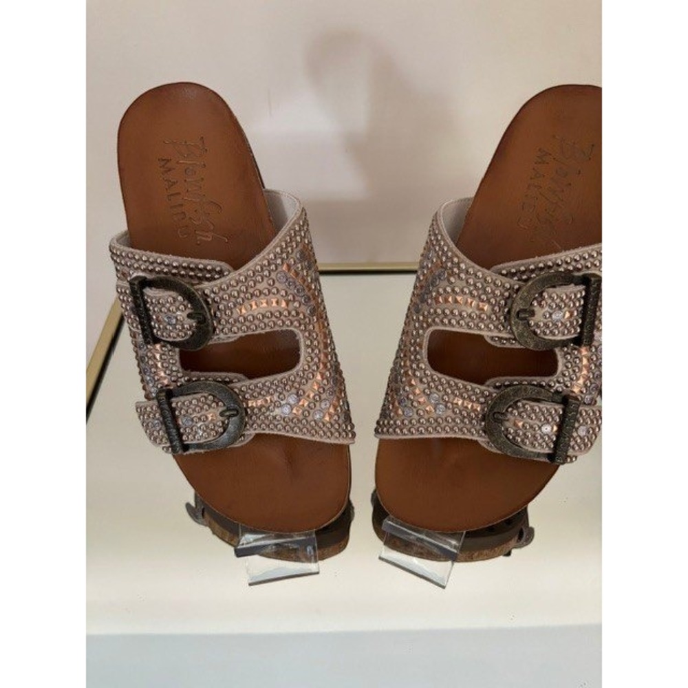 Blowfish Malibu Women Studded  Buckle Slides Tan Rose Gold Silver Sandals Sz7